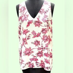 Antibes Blanc Sleeveless White Floral V-Neck Top Size M